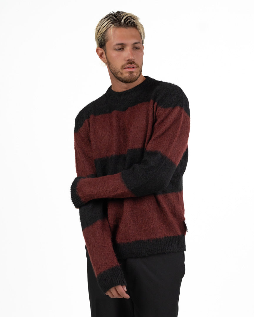 Maglione Girocollo Garzato a Righe Nero e Vinaccia - Berna