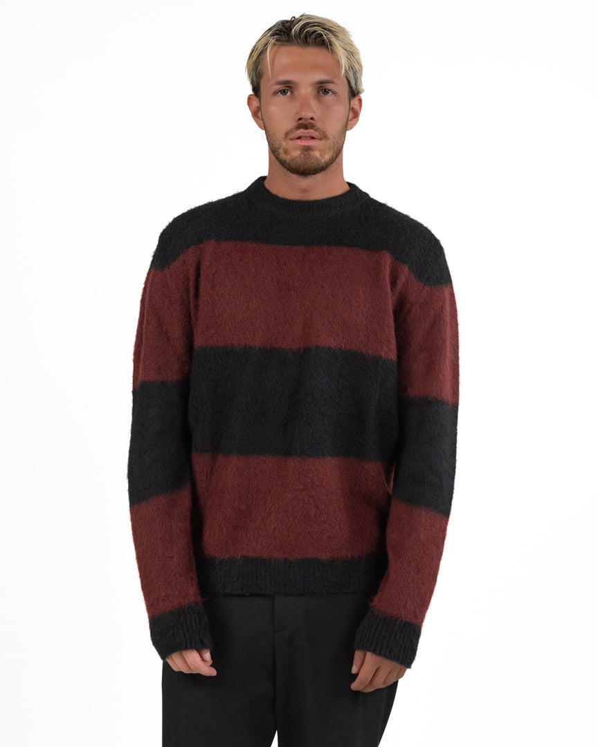 Maglione Girocollo Garzato a Righe Nero e Vinaccia - Berna