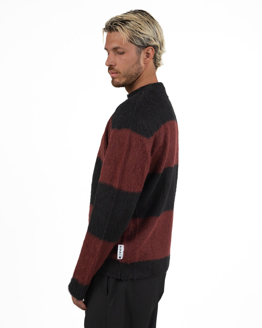 Maglione Girocollo Garzato a Righe Nero e Vinaccia - Berna