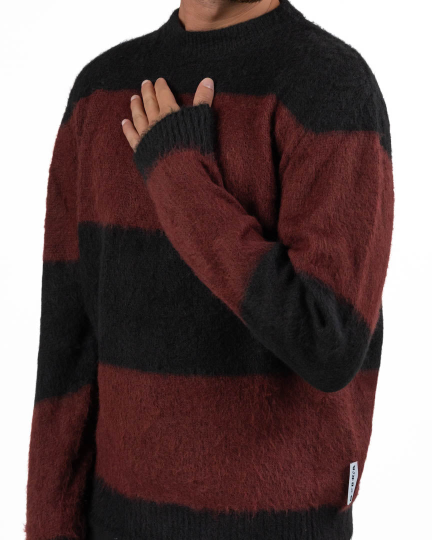 Maglione Girocollo Garzato a Righe Nero e Vinaccia - Berna