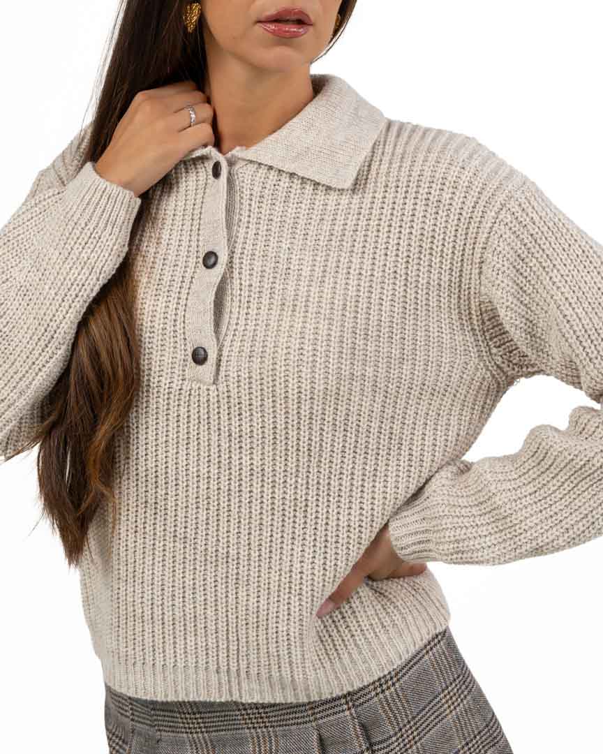 Maglione Polo in Maglia Costa Inglese – Beige Melange - Have One