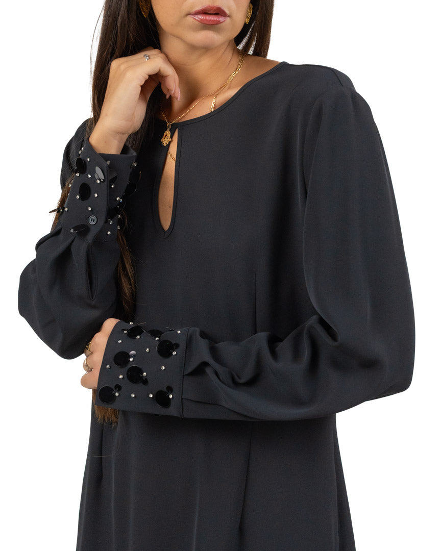 Abito Corto Nero con Polsini Gioiello - Pennyblack