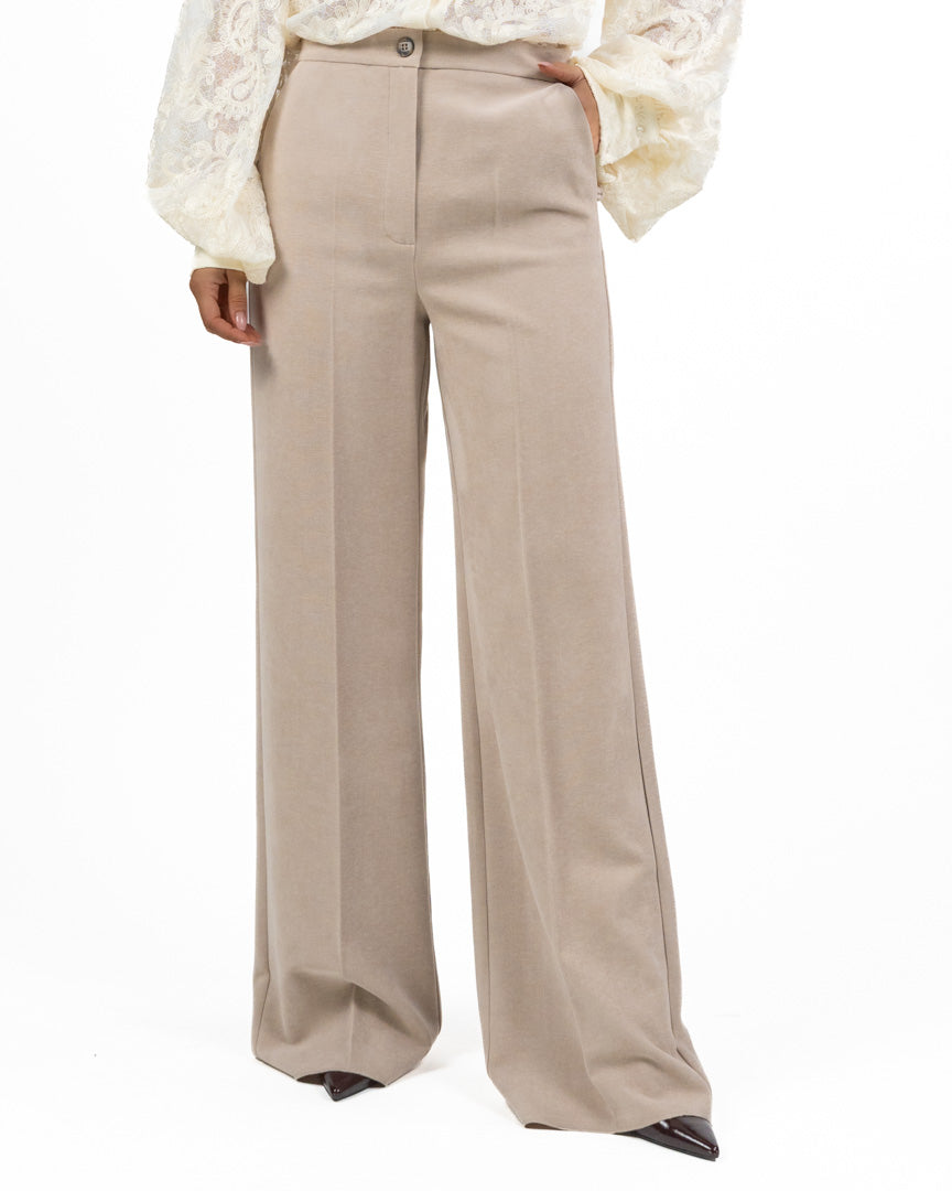 Pantalone Sartoriale Wide Leg con Piega Stirata – Beige - Emme Marella