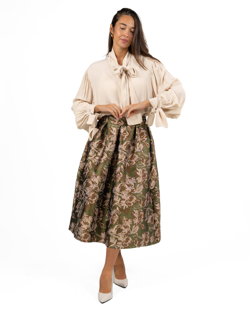Gonna a Ruota Midi in Broccato Floreale Jacquard - Souvenir