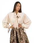 Blusa in Crepe Crema con Fiocco al Collo e Maniche a Sbuffo - Souvenir