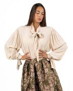 Blusa in Crepe Crema con Fiocco al Collo e Maniche a Sbuffo - Souvenir