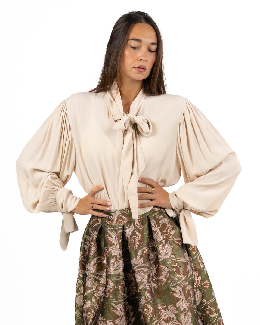 Blusa in Crepe Crema con Fiocco al Collo e Maniche a Sbuffo - Souvenir
