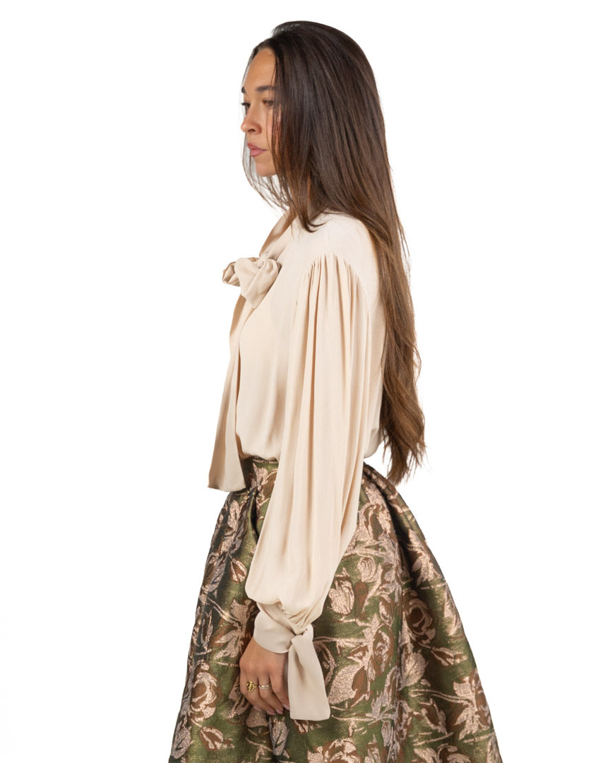 Blusa in Crepe Crema con Fiocco al Collo e Maniche a Sbuffo - Souvenir