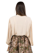 Blusa in Crepe Crema con Fiocco al Collo e Maniche a Sbuffo - Souvenir