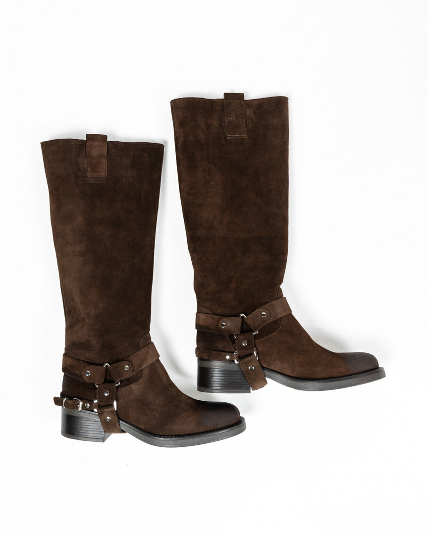 Stivali Biker / Harness Boots in Pelle Scamosciata – Marrone Cioccolato - Ovyè