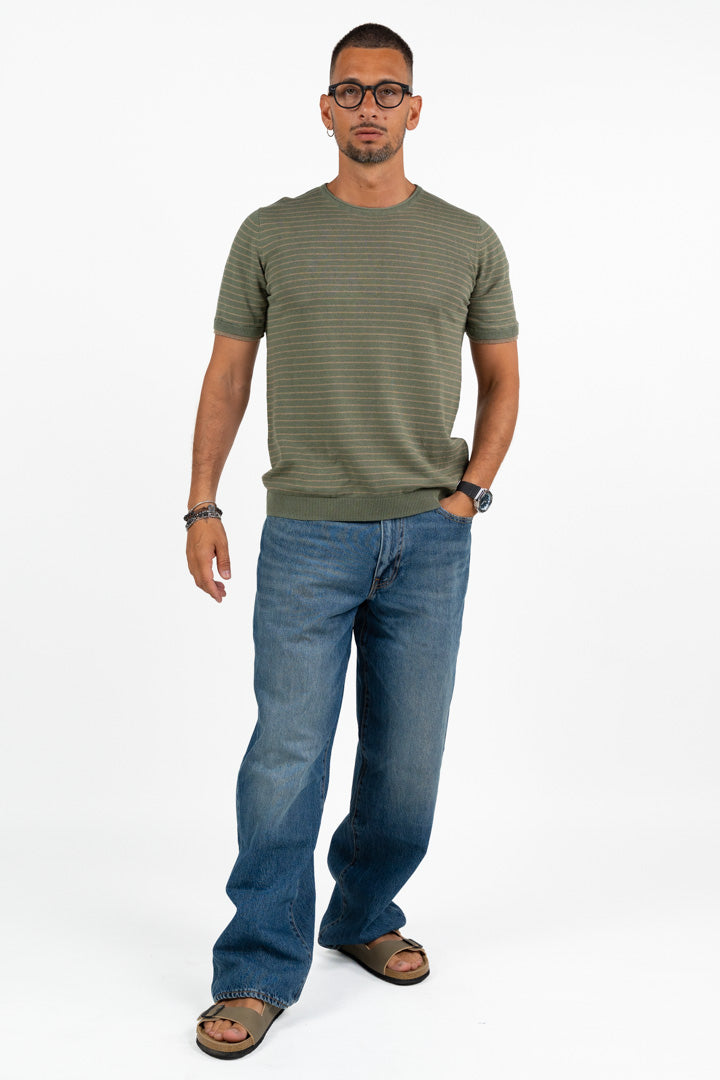 T-shirt Girocollo a Righe Verde e Beige – Berna