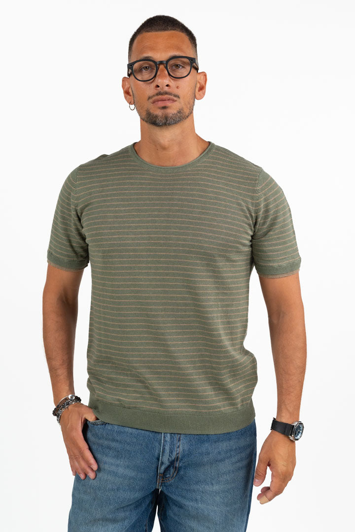T-shirt Girocollo a Righe Verde e Beige – Berna