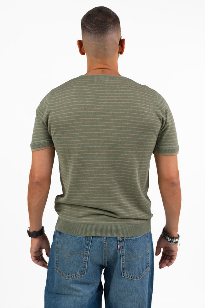 T-shirt Girocollo a Righe Verde e Beige – Berna