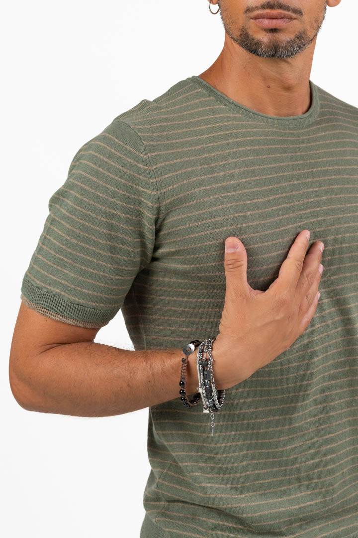 T-shirt Girocollo a Righe Verde e Beige – Berna