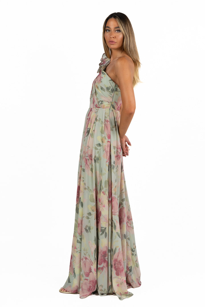 Abito Monospalla Floreale con Applicazione Tridimensionale – Berti Mode Collection