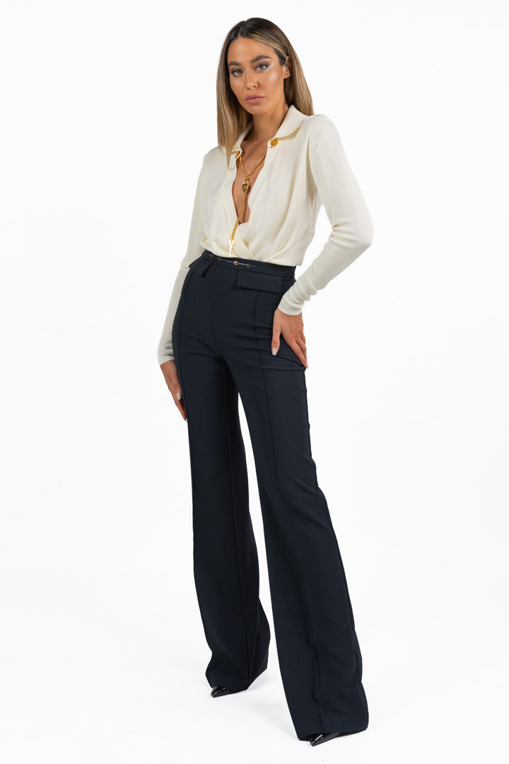 Body Camicia in Maglia con Scollo Incrociato e Catena Dorata - Elisabetta Franchi