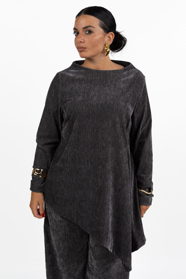 Blusa Asimmetrica Tortora in Tessuto Texturizzato - Jurerê