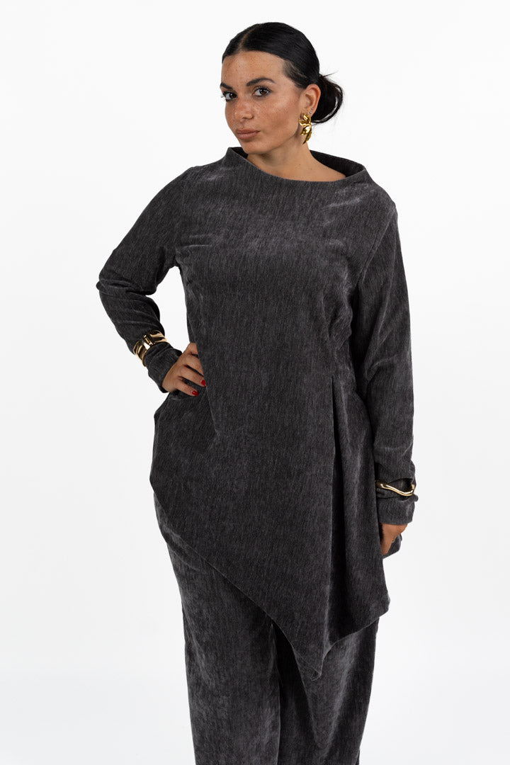 Blusa Asimmetrica Tortora in Tessuto Texturizzato - Jurerê