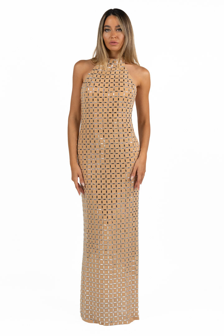 Abito Lungo Linea Dritta con Strass e Scollo all'Americana – Rosa Nude