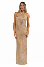 Abito Lungo Linea Dritta con Strass e Scollo all'Americana – Rosa Nude