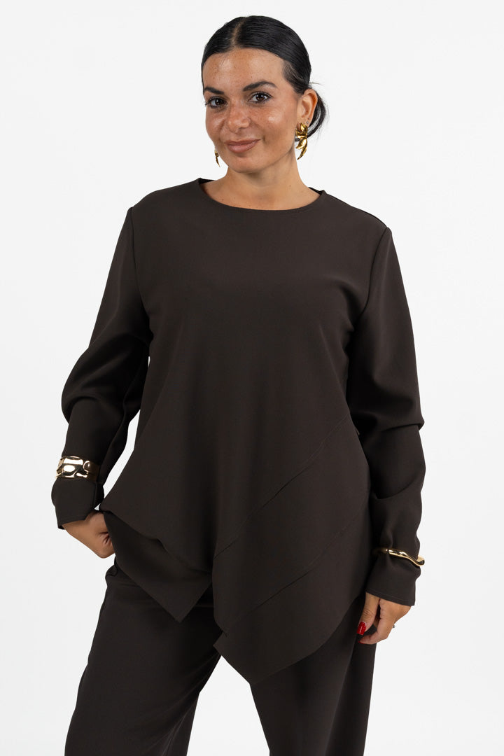 Blusa Asimmetrica Marrone con Pannelli Sovrapposti - Jurerê
