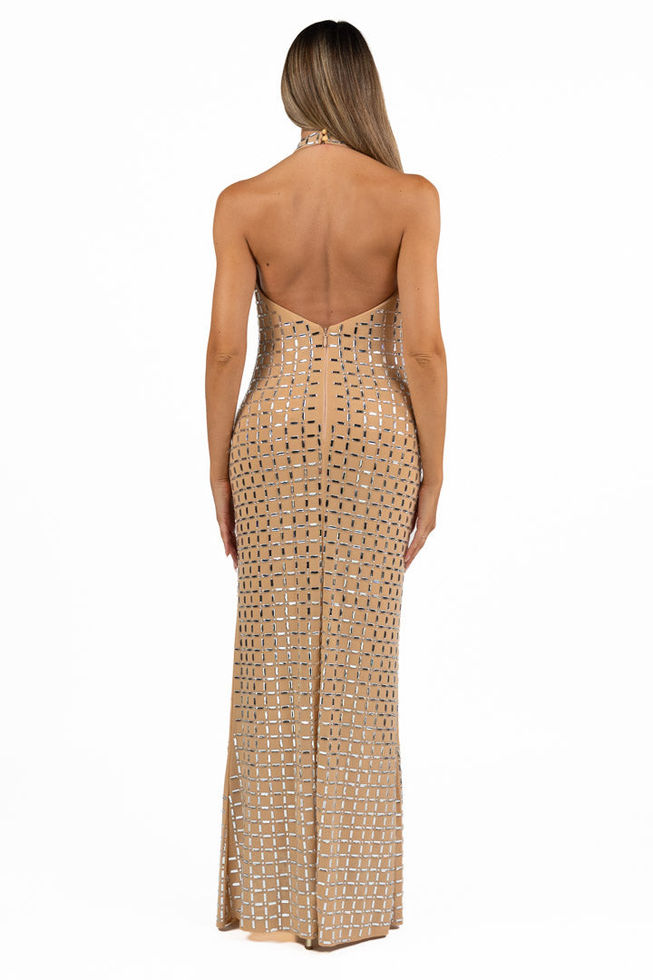 Abito Lungo Linea Dritta con Strass e Scollo all'Americana – Rosa Nude