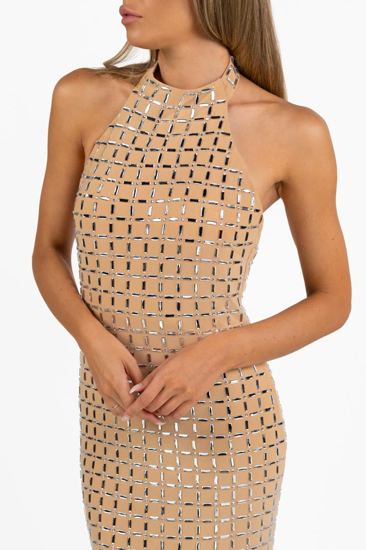 Abito Lungo Linea Dritta con Strass e Scollo all'Americana – Rosa Nude