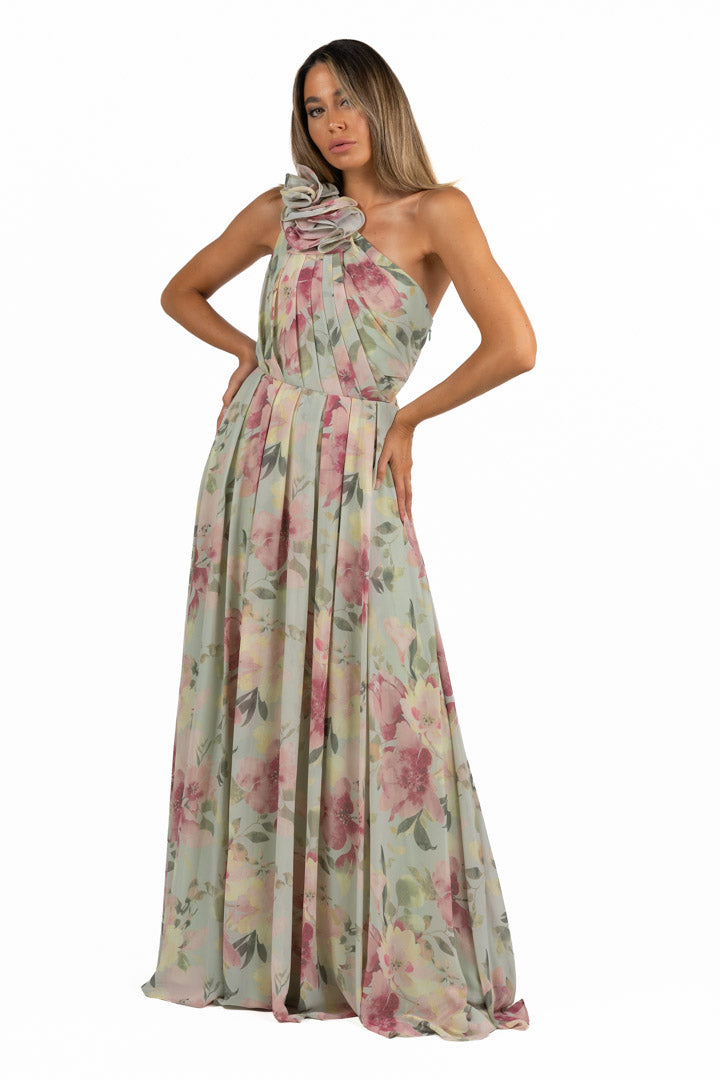 Abito Monospalla Floreale con Applicazione Tridimensionale – Berti Mode Collection