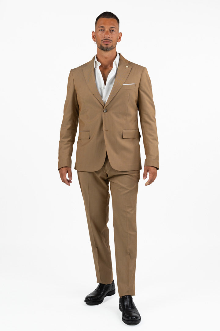 Completo Beige Monopetto con Gessatura Tono su Tono – Over/D