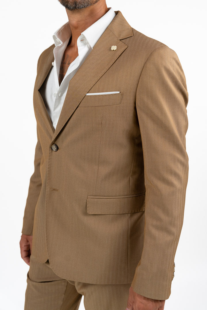 Completo Beige Monopetto con Gessatura Tono su Tono – Over/D