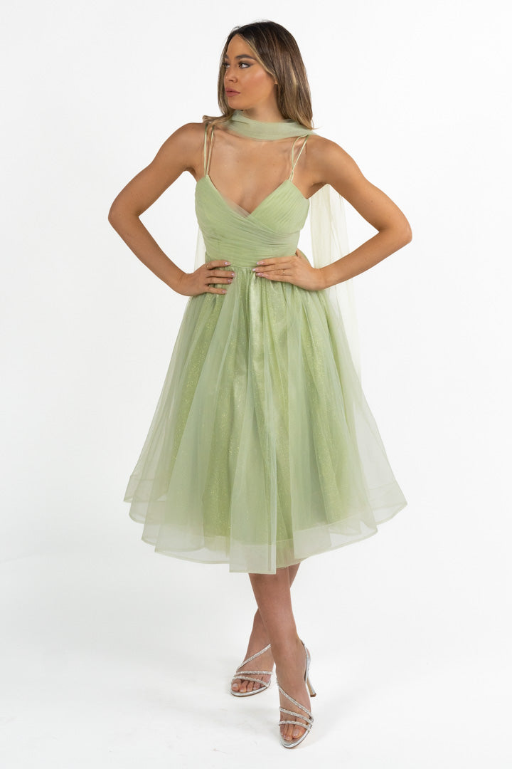 Abito Midi "Sparkle Dream" in Tulle Glitter verde salvia - Berti Mode Collection