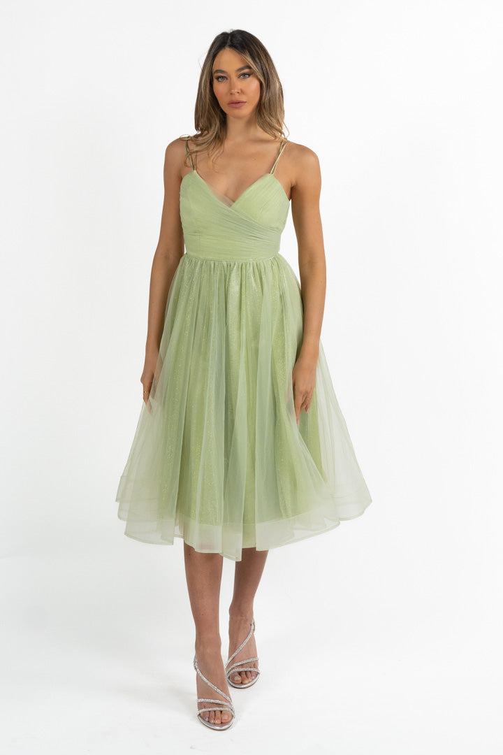 Abito Midi "Sparkle Dream" in Tulle Glitter verde salvia - Berti Mode Collection