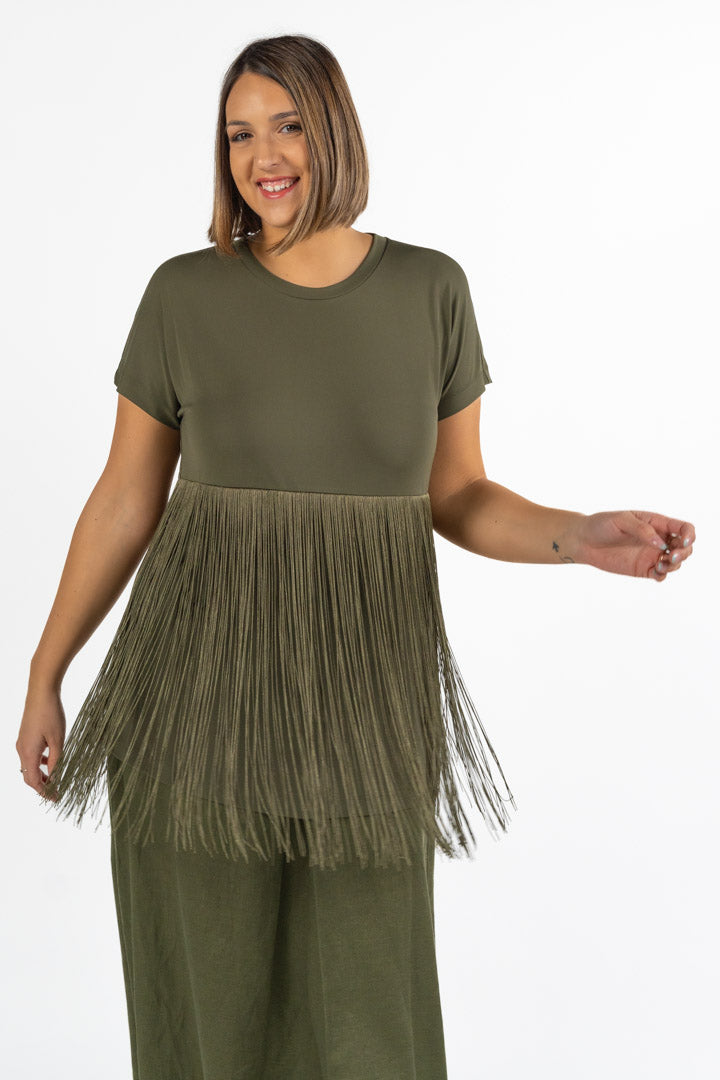 T-shirt Tinta Unita Verde Oliva con Frange - Marina Rinaldi