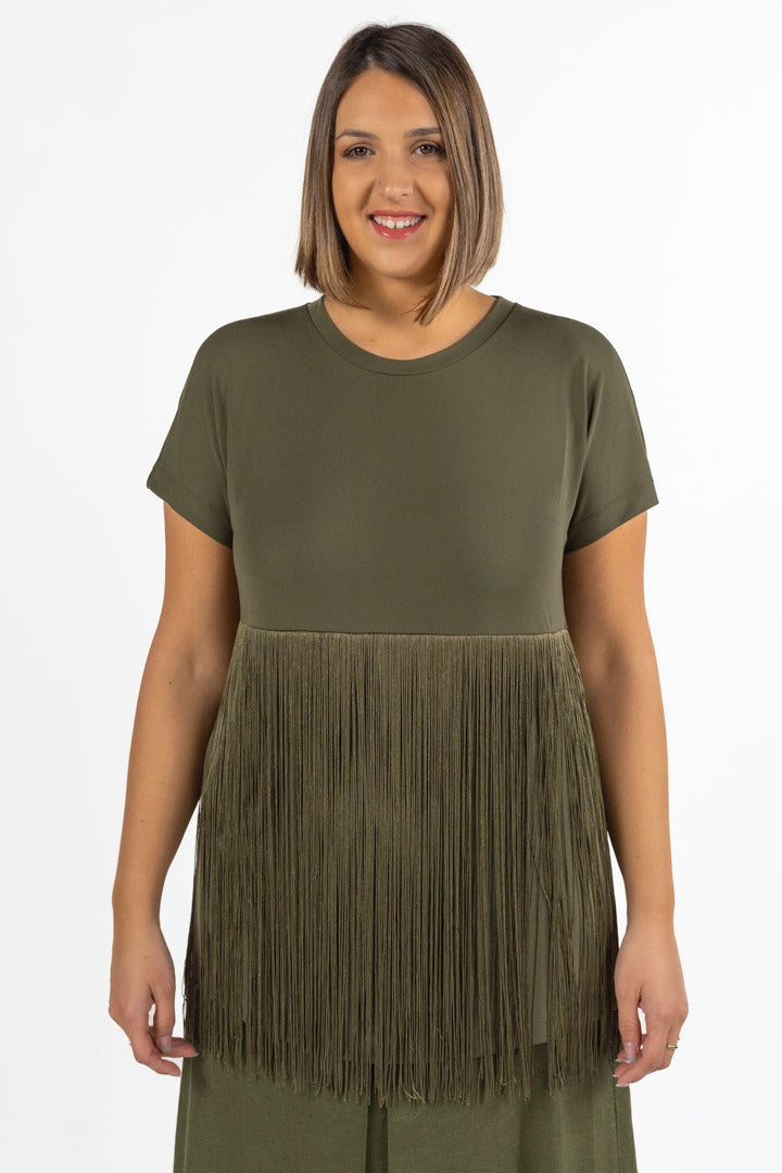 T-shirt Tinta Unita Verde Oliva con Frange - Marina Rinaldi