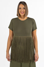 T-shirt Tinta Unita Verde Oliva con Frange - Marina Rinaldi
