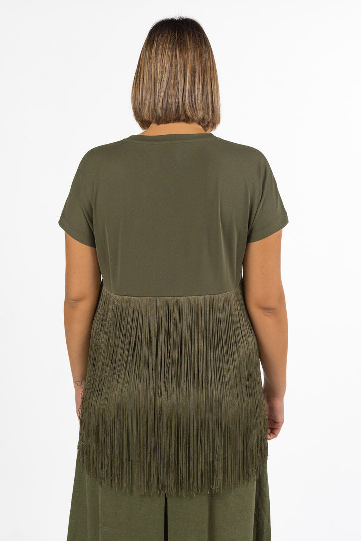 T-shirt Tinta Unita Verde Oliva con Frange - Marina Rinaldi