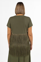 T-shirt Tinta Unita Verde Oliva con Frange - Marina Rinaldi