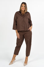 Blusa Strutturata in Cotone con Tasche  Marrone Cioccolato - Jurere