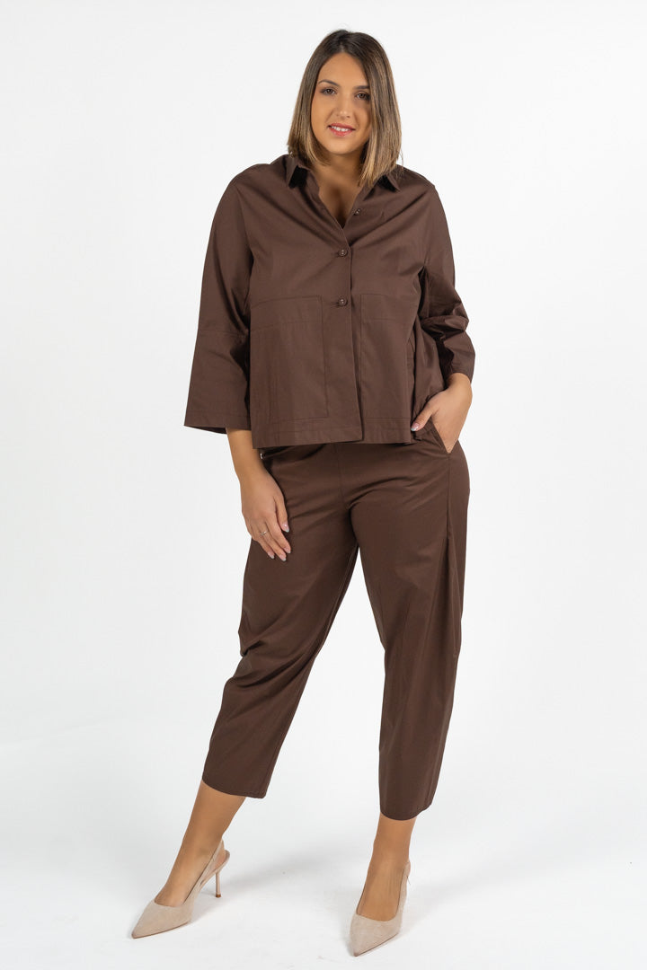 Blusa Strutturata in Cotone con Tasche  Marrone Cioccolato - Jurere