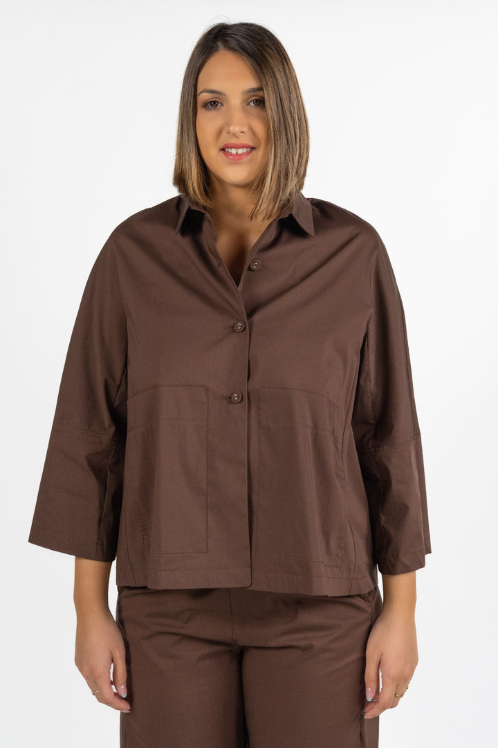 Blusa Strutturata in Cotone con Tasche  Marrone Cioccolato - Jurere