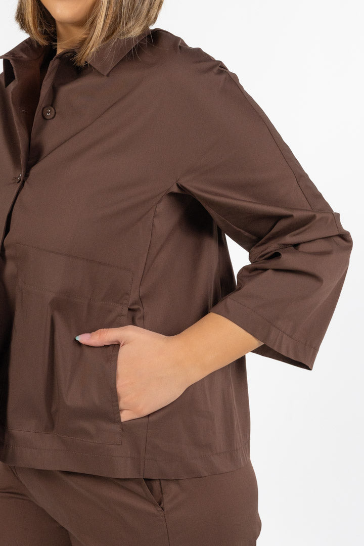 Blusa Strutturata in Cotone con Tasche  Marrone Cioccolato - Jurere