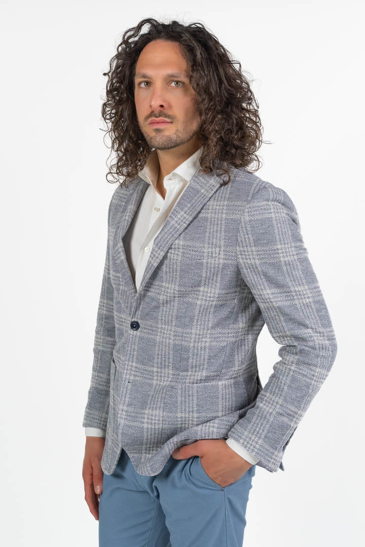 Giacca Sfoderata a Quadri  Azzurro Melange - Berti Mode Collection