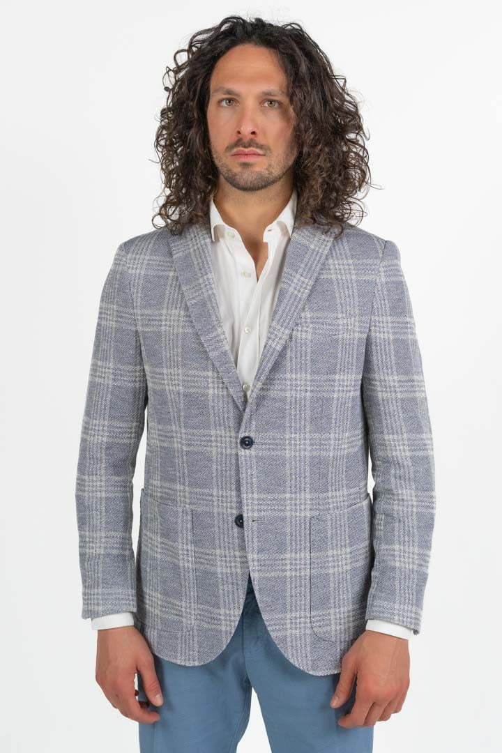 Giacca Sfoderata a Quadri  Azzurro Melange - Berti Mode Collection