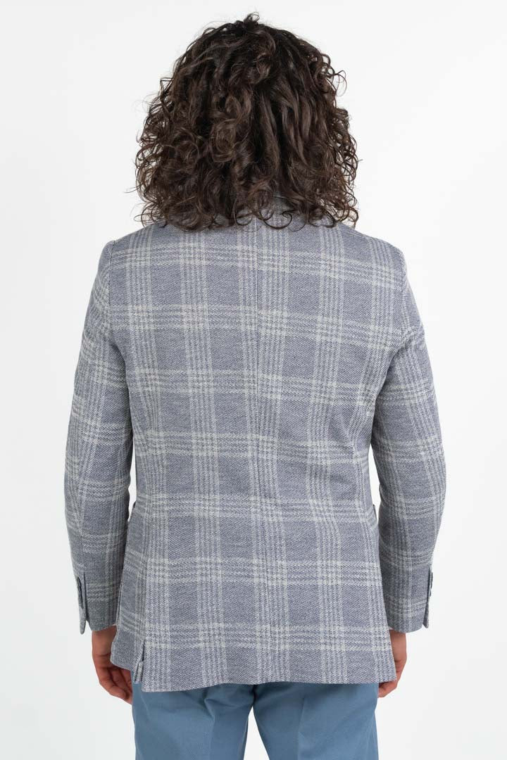 Giacca Sfoderata a Quadri  Azzurro Melange - Berti Mode Collection