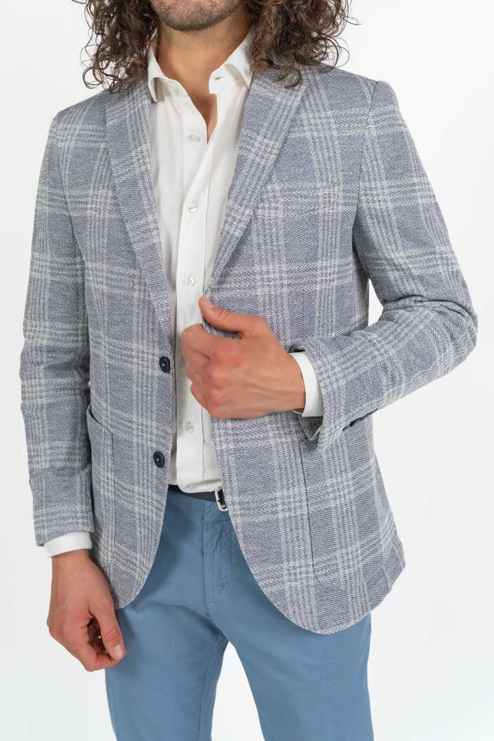 Giacca Sfoderata a Quadri  Azzurro Melange - Berti Mode Collection