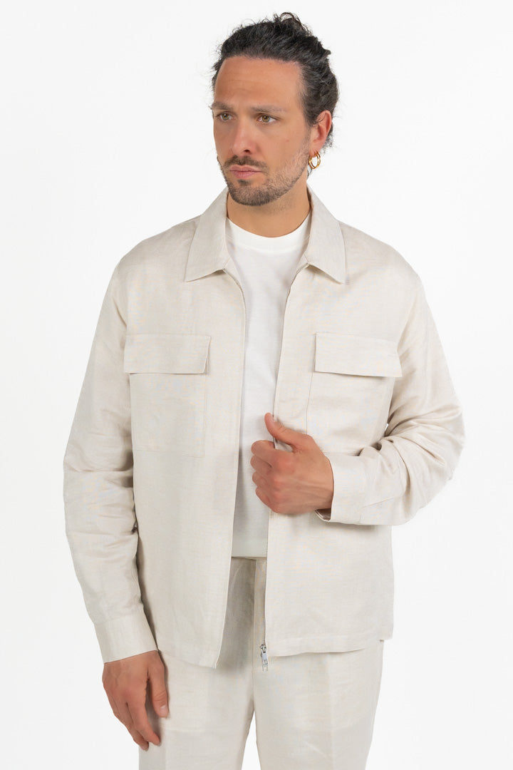 Overshirt in Lino con Zip Beige Chiaro - Antony Morato