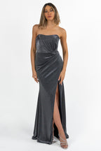 Abito a Sirena Glitter con Drappeggio e Spacco Laterale argento - Solo Gioie