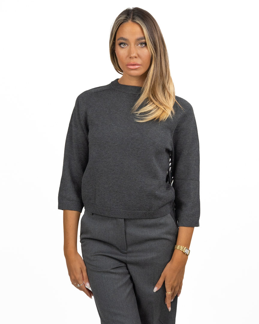 Maglia Girocollo in Maglia Grigio Antracite con Frange - Emme Marella