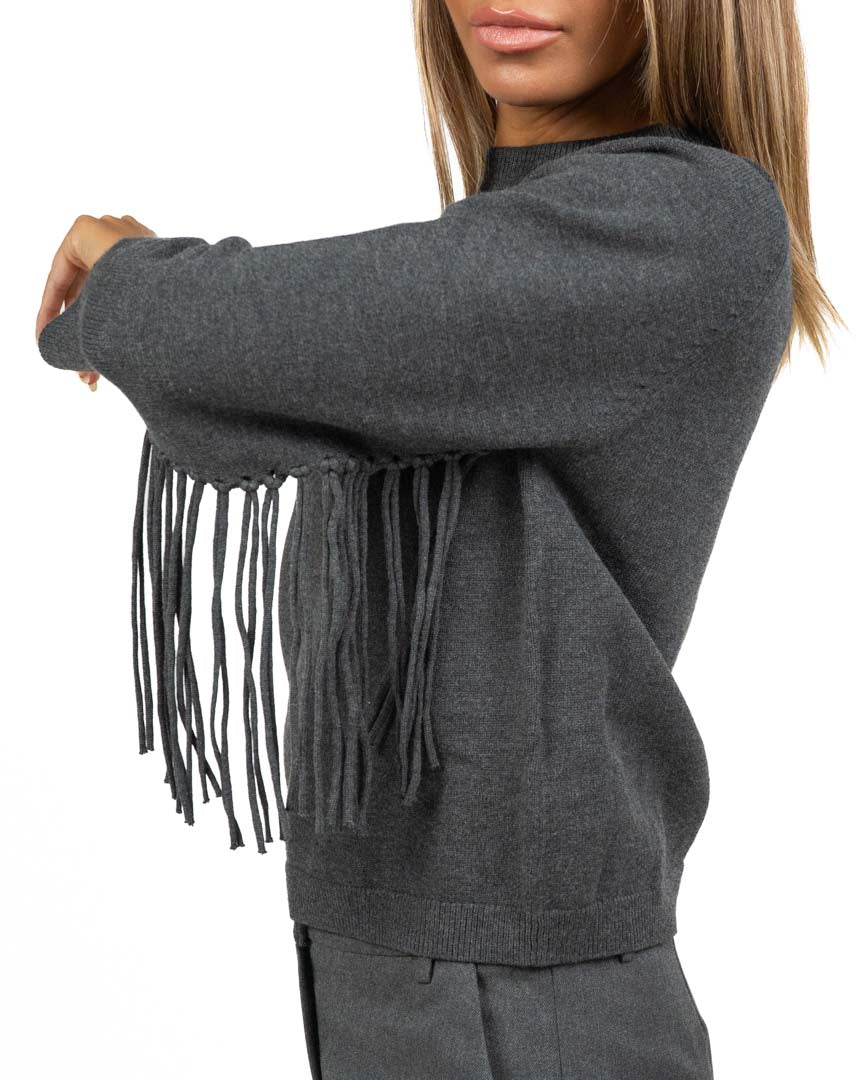 Maglia Girocollo in Maglia Grigio Antracite con Frange - Emme Marella