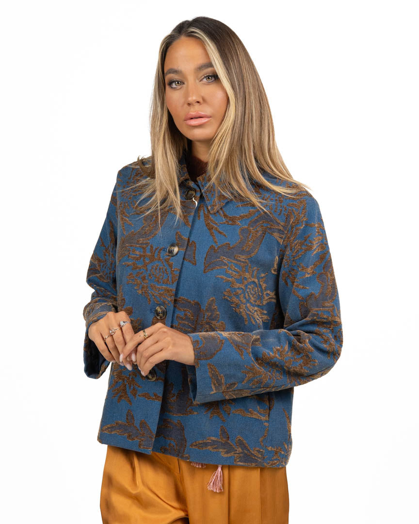 Giacca Jacquard in Denim Blu con Motivo Floreale Bronzo - Emme Marella